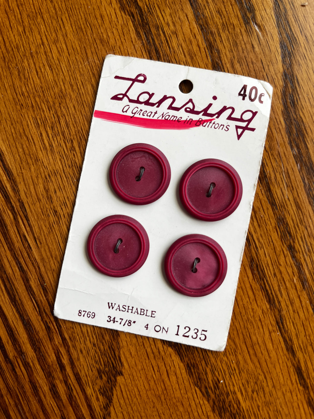 1970’s Lansing Red Matte Plastic Buttons - Set of 4 - 7/8” - on card