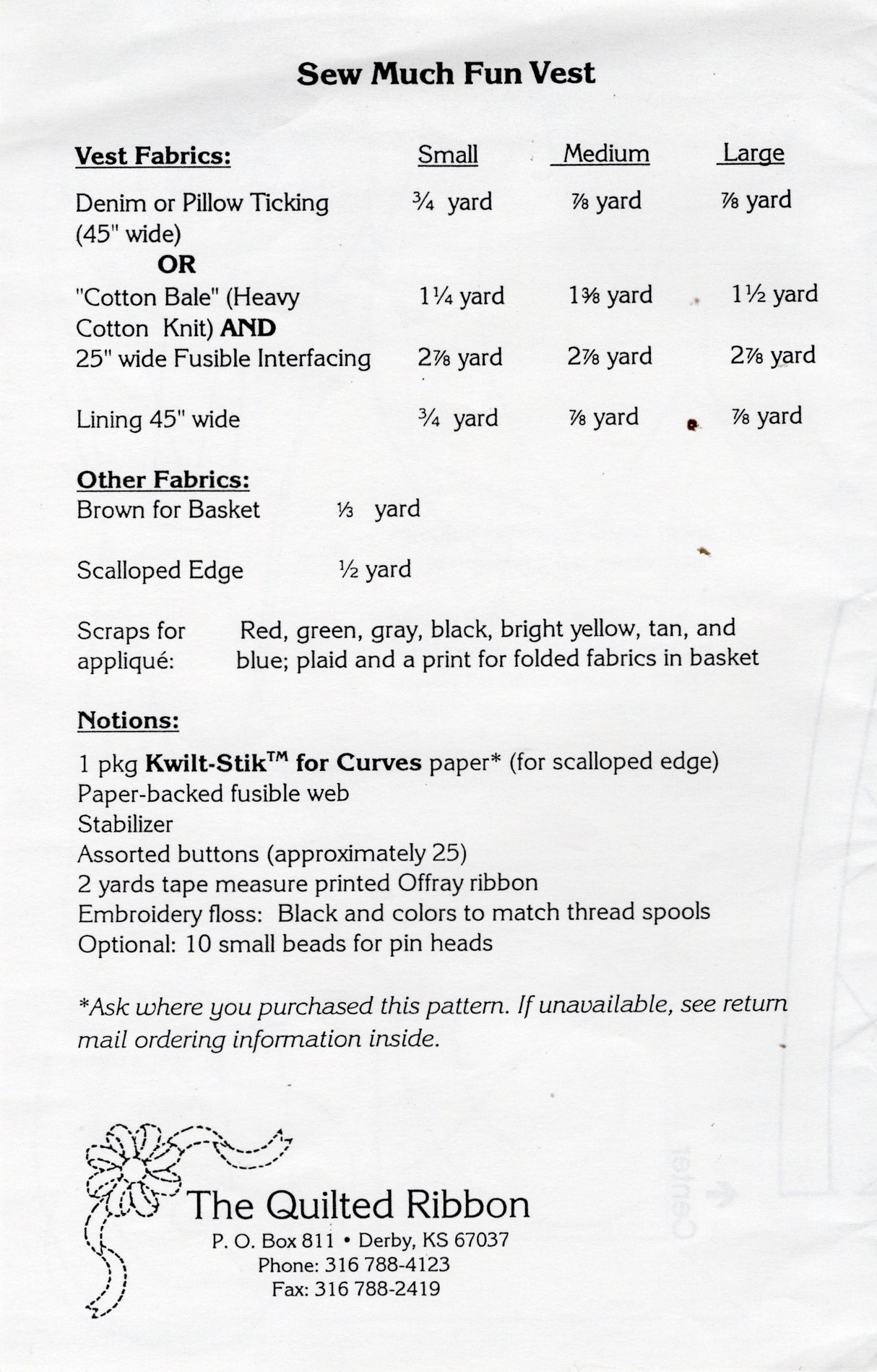 1990’s The Quilted Ribbon "Sew Much Fun" Vest Pattern - Bust 32.5-40" - No. CP307