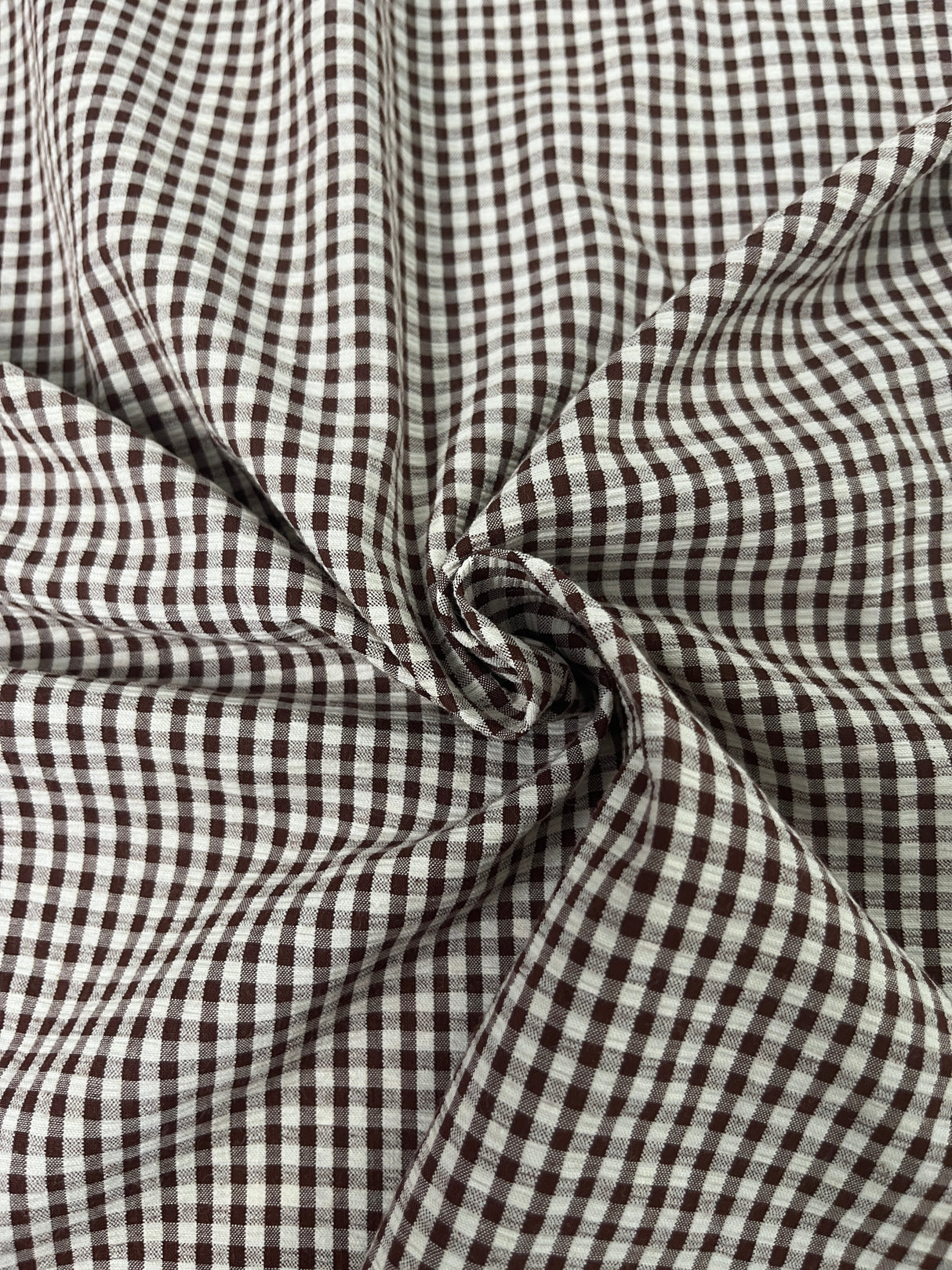 1970's Dark Brown and White Gingham Seersucker Fabric - (P249)