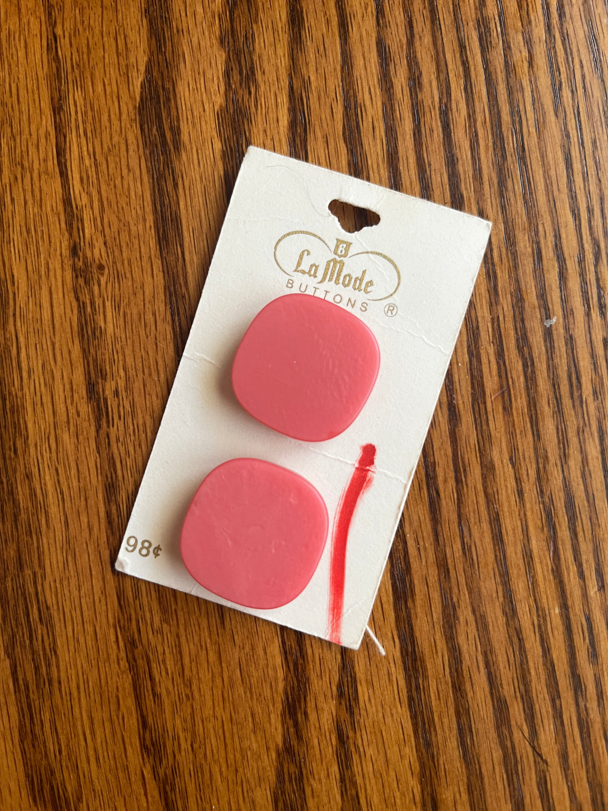 1970’s La Mode Pink Square Plastic Button - Set of 2 - 1" - on card