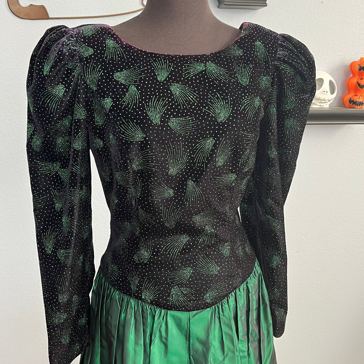 1980’s Black Velvet Taffeta Leg Of Mutton Sleeve Dress Leslie Fay Evenings XS