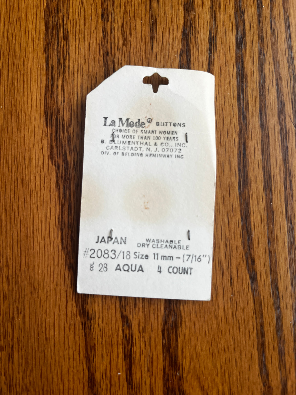 1980’s La Mode Aqua Blue Plastic Buttons - Set of 4 - 7/16” - on card