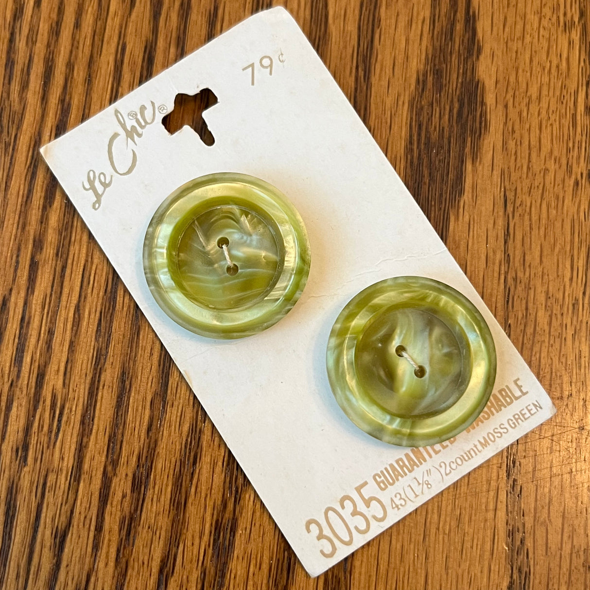 1970’s Le Chic Moss Green Plastic Buttons - Set of 2 - Size 43 - 1 1/8" - on card