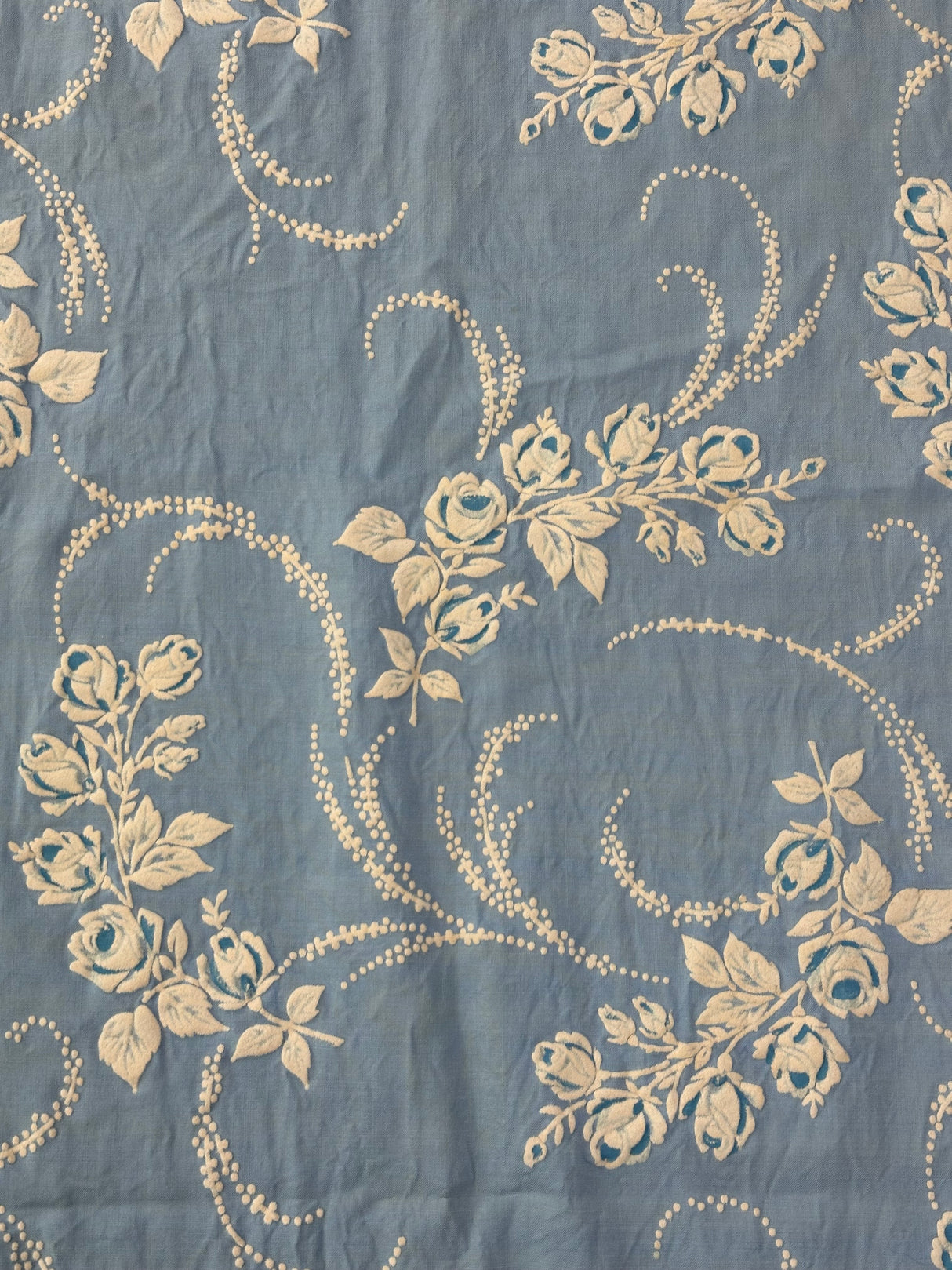 1960’s Blue Pinch Pleat Curtain Panel with Large Flocked Roses - (P208)