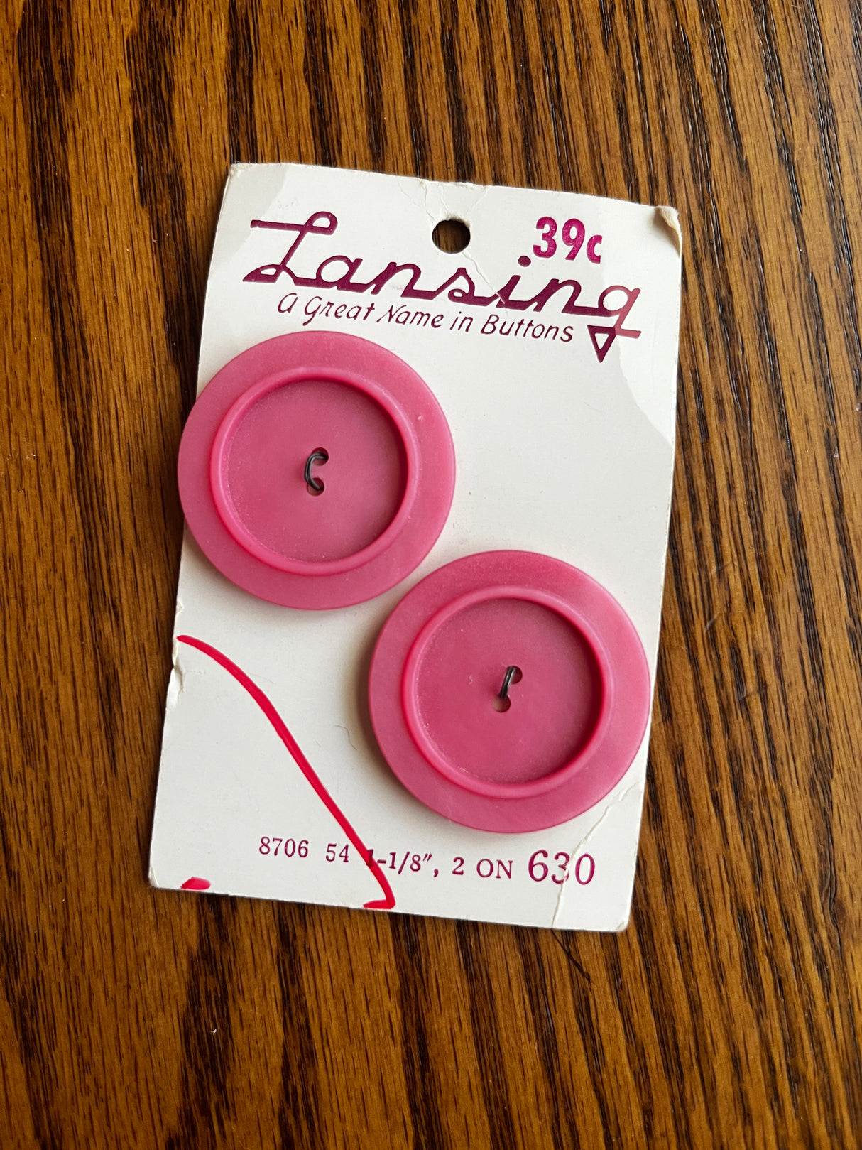 1980’s Lansing Pink Carved Plastic Buttons - Set of 2 - 1 1/8" - on card