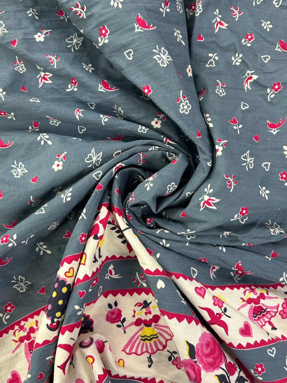 1950’s Dusty Blue with Dancers and Roses Border Print Cotton Fabric - (P209)