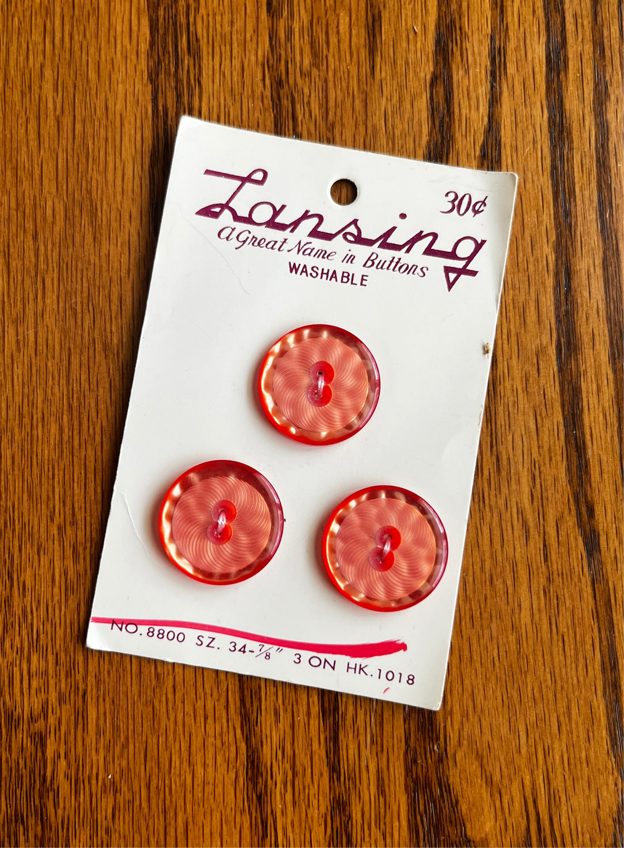 1970’s Lansing Orange Pearlescent Plastic Buttons - Set of 3 - 7/8” - on card