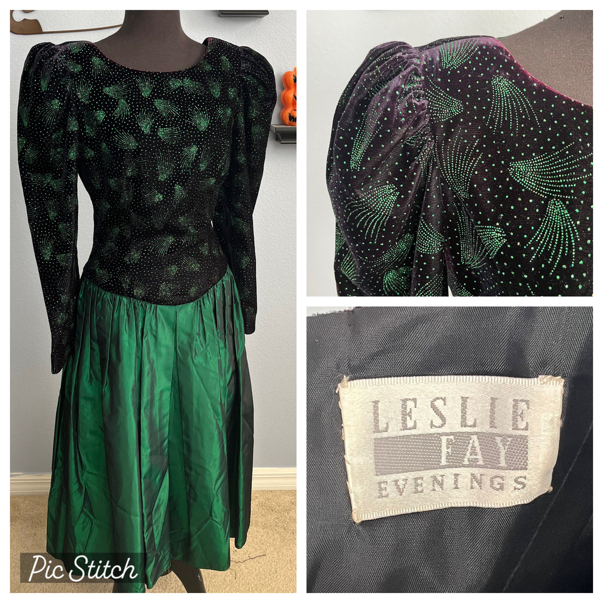 1980’s Black Velvet Taffeta Leg Of Mutton Sleeve Dress Leslie Fay Evenings XS