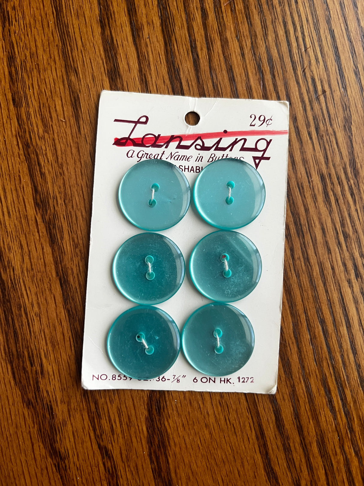 1960’s Lansing Blue Green Pearlescent Plastic Button - Set of 6 - 7/8” - on card