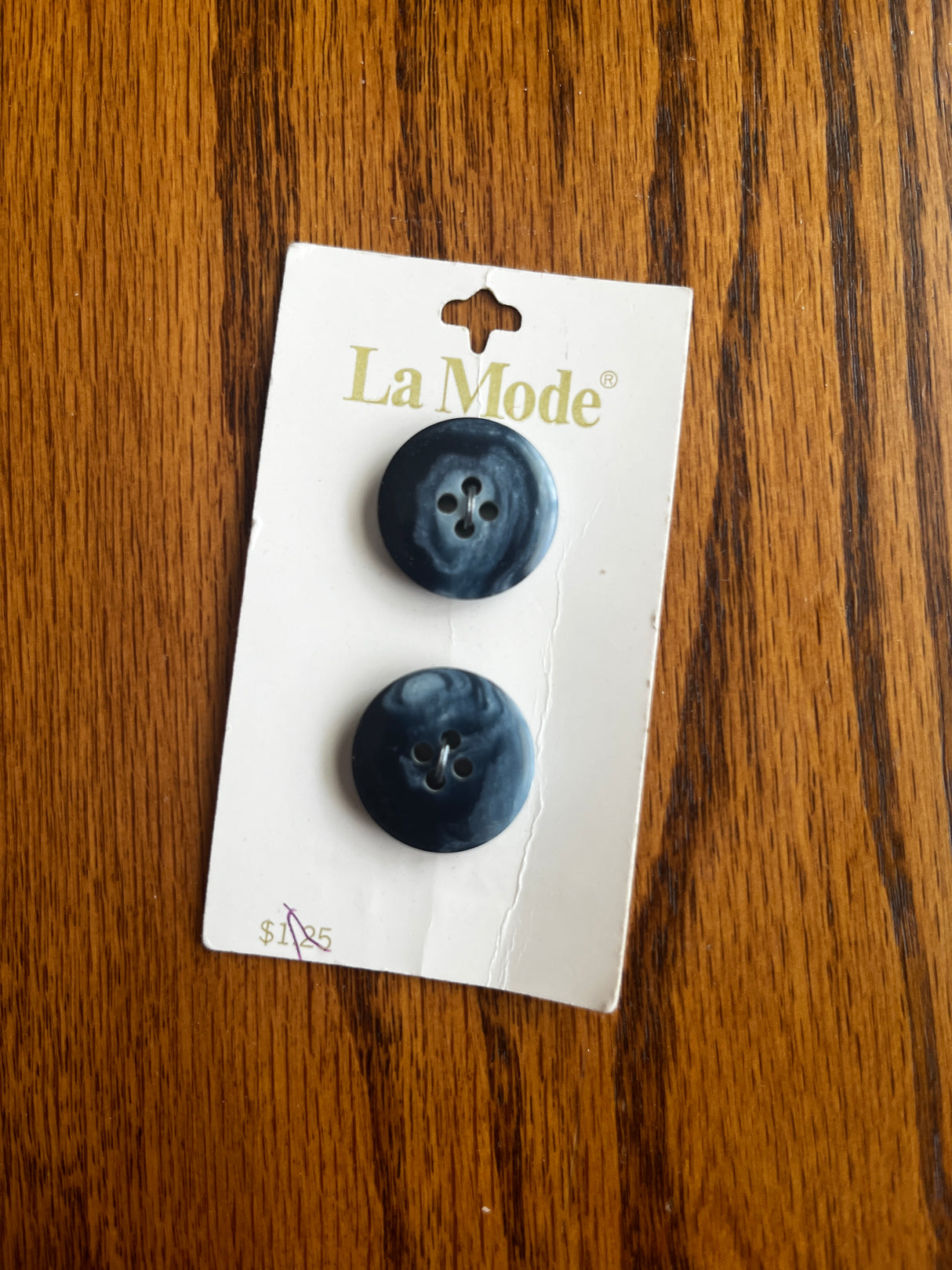 1980’s La Mode Blue Marbled Plastic Button - Set of 2 - 3/4” - on card