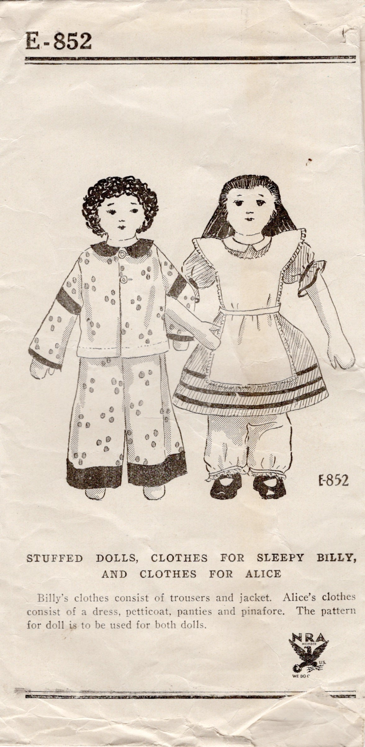 1930's Mail Order Sleepy Bill and Alice Stuffed Doll and Clothes Pattern - No. E-852