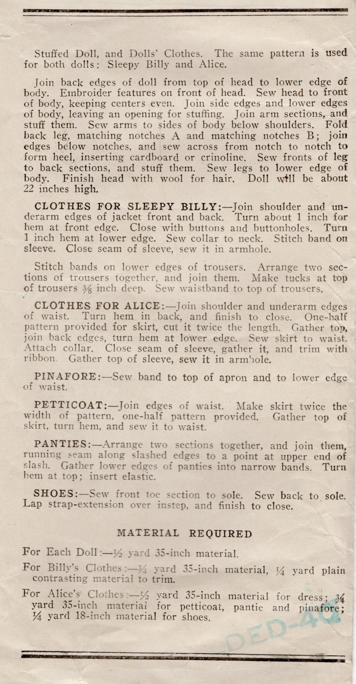 1930's Mail Order Sleepy Bill and Alice Stuffed Doll and Clothes Pattern - No. E-852
