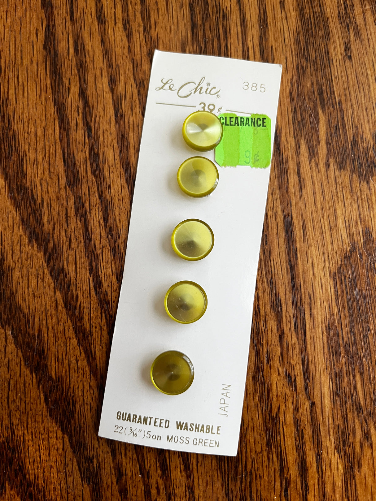 1980’s Le Chic Moss Green Pearlescent Plastic Flat Top Shank Buttons - 9/16" - on card