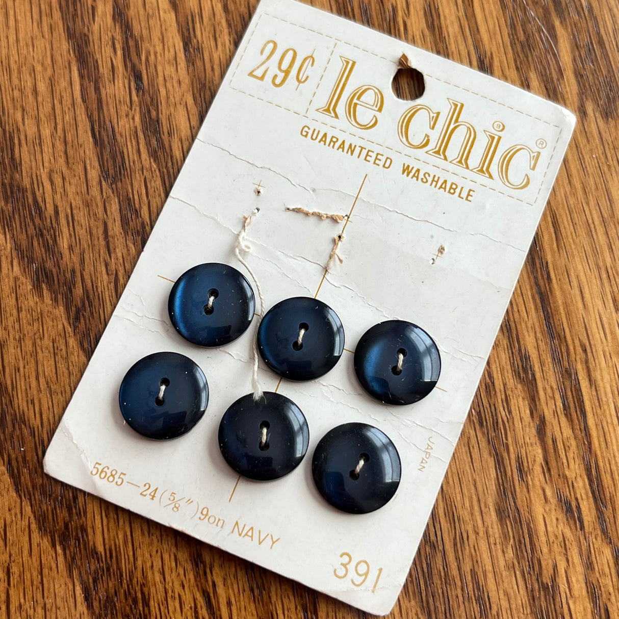 1960’s Le Chic Plastic Buttons - Deep Navy Blue - Set of 6 - Size 24 - 5/8" - on card