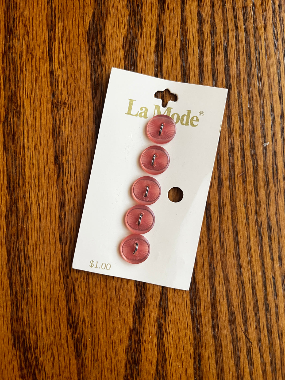 1980’s La Mode Pink Carved Plastic Buttons - Set of 5 - 1/2" - on card