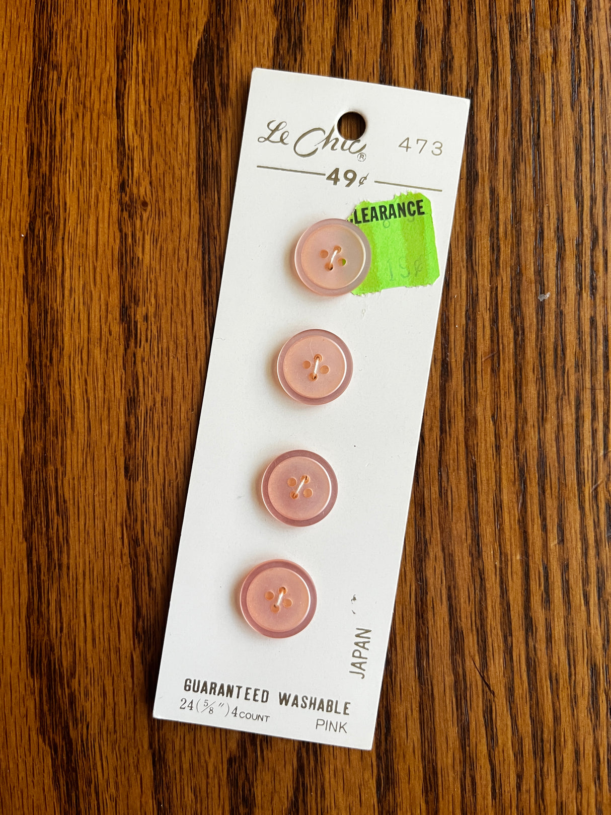 1980’s Le Chic Light Pink Plastic Buttons - Set of 4 - 5/8" - on card