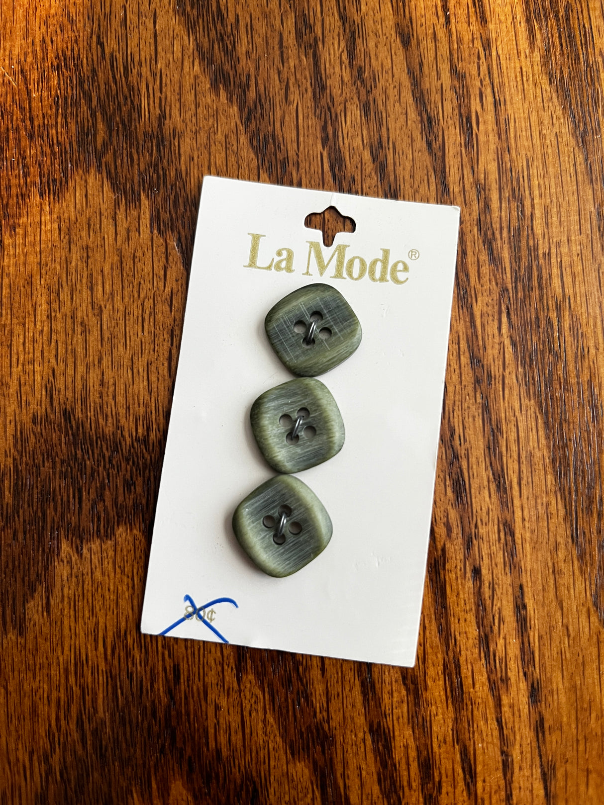 1980’s La Mode Olive Green Square Plastic Buttons - Set of 3 - 3/4" - on card