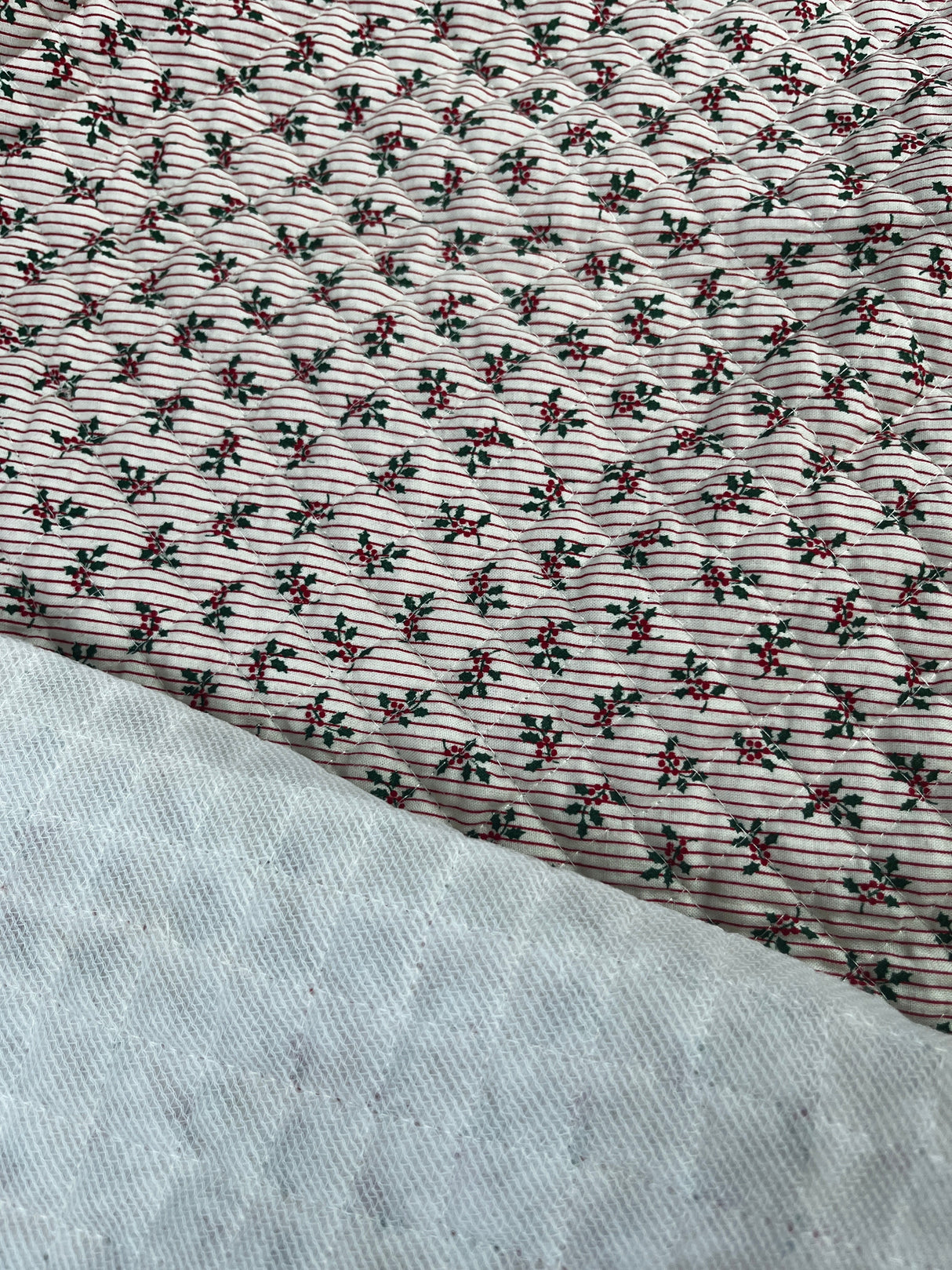 1990's Holly and Red Stripe Pre-Quilted Fabric - (P252)