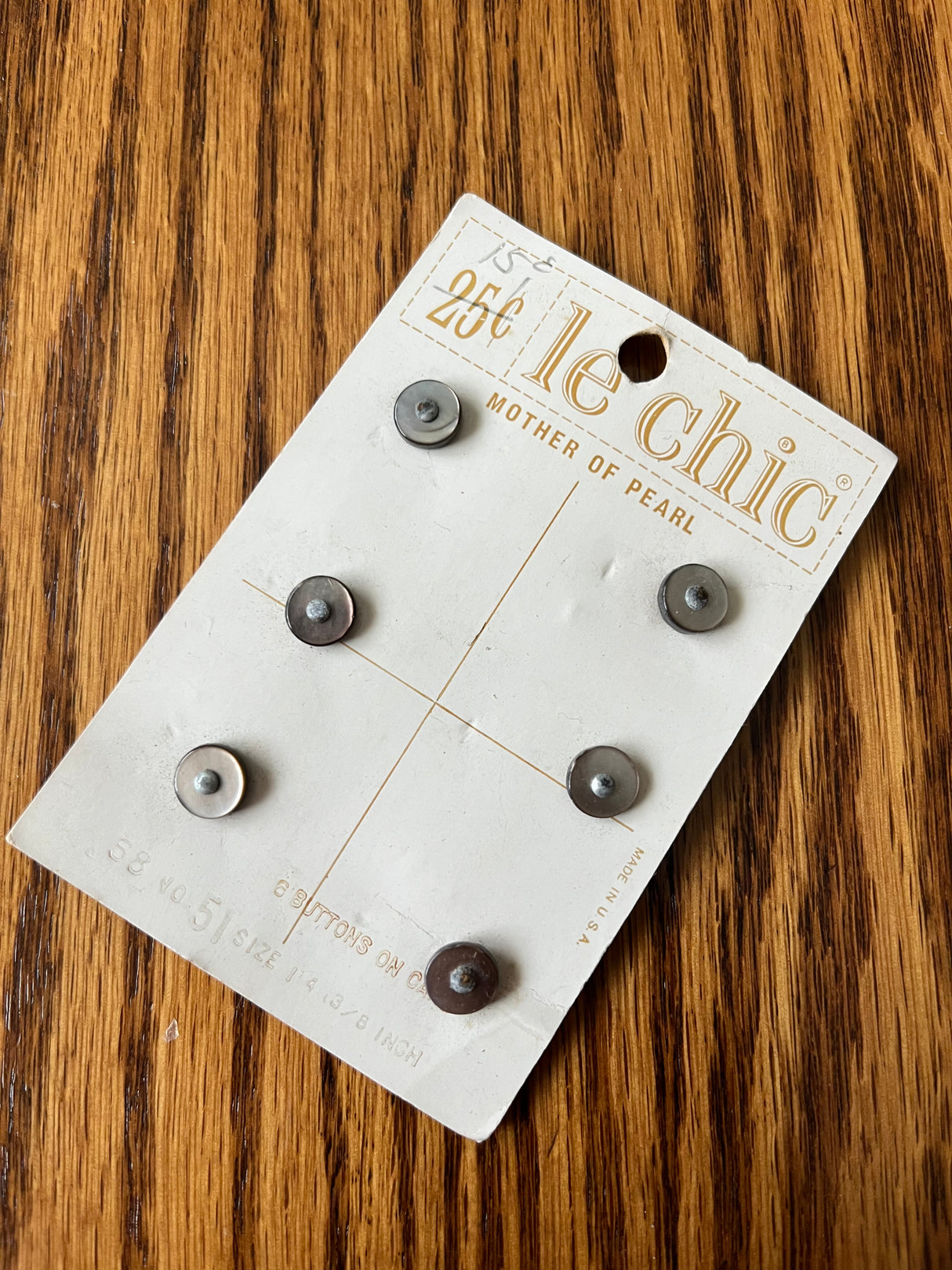 1970’s Le Chic MOP Buttons - Grey - Set of 6 - Size 14 - 5/16" - on card