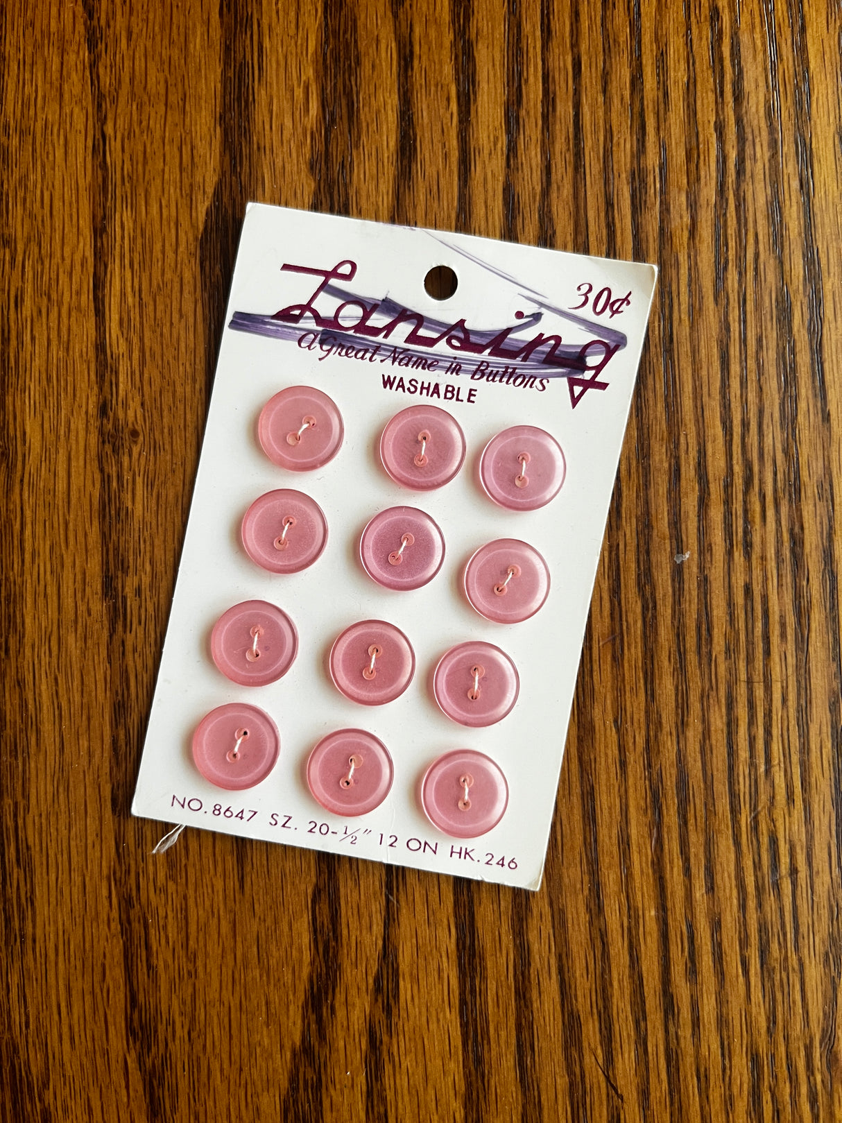 1980’s Lansing Light Pink Plastic Buttons - Set of 12 - 1/2" - on card