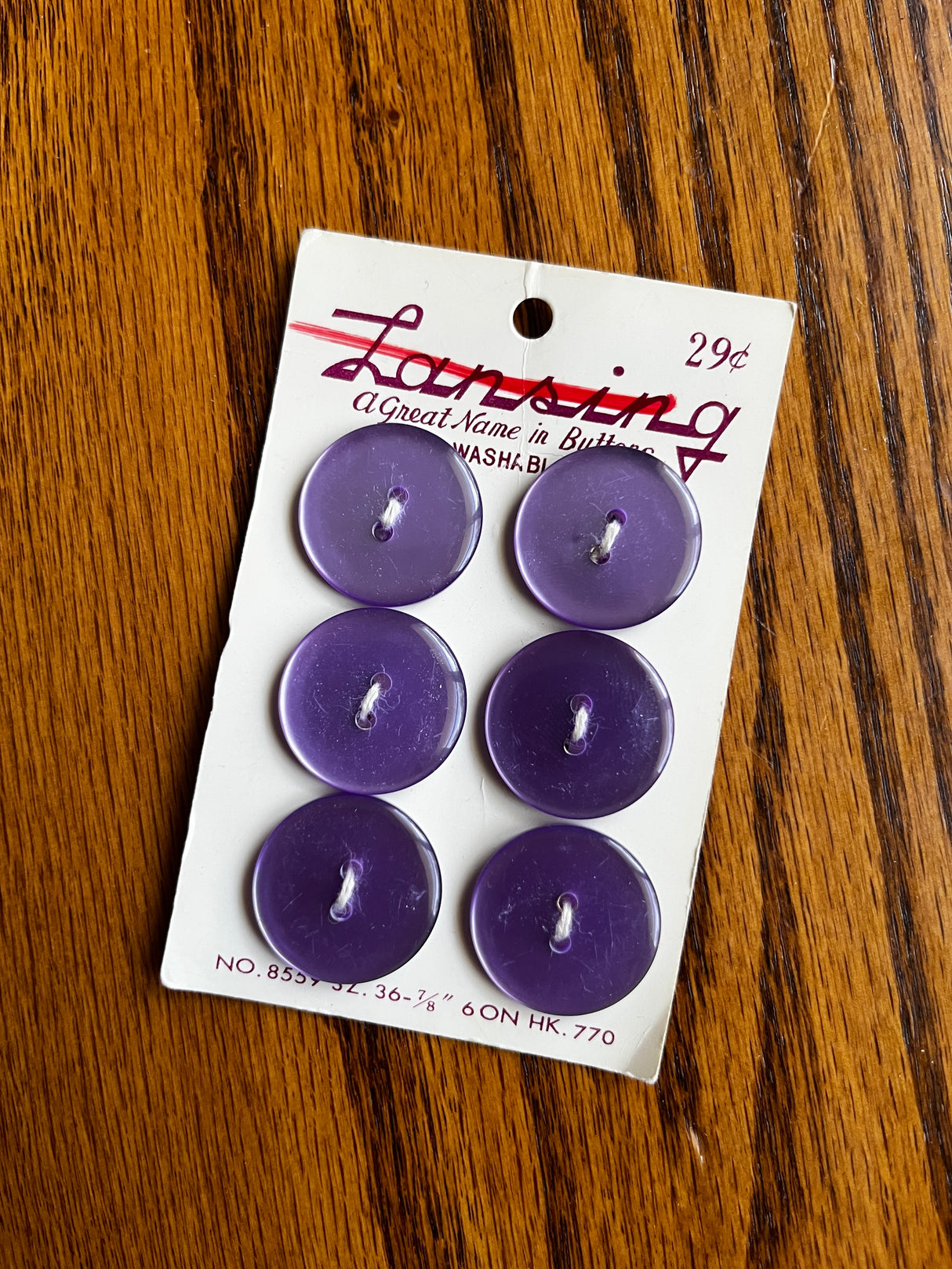 1970’s Lansing Purple Pearlescent Plastic Button - Set of 6 - 7/8” - on card