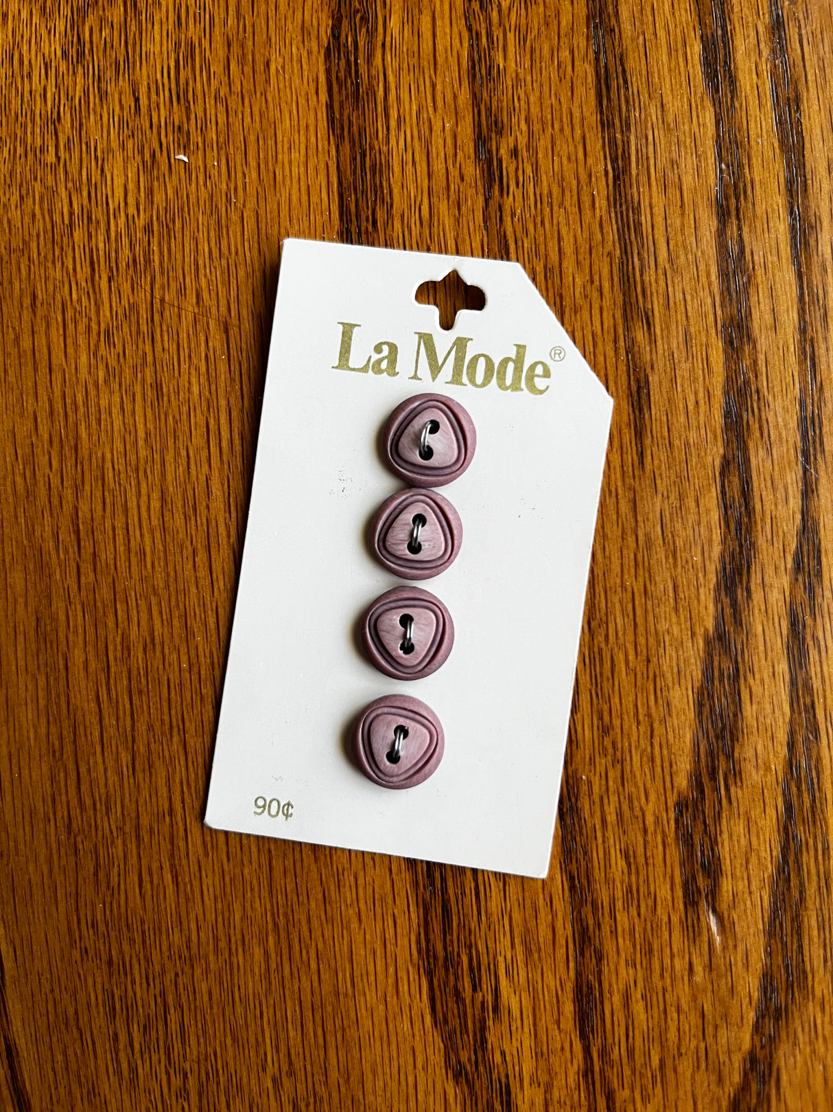 1980’s La Mode Purple/Pink Carved Triangular Plastic Button - Set of 4 - 1/2” - on card