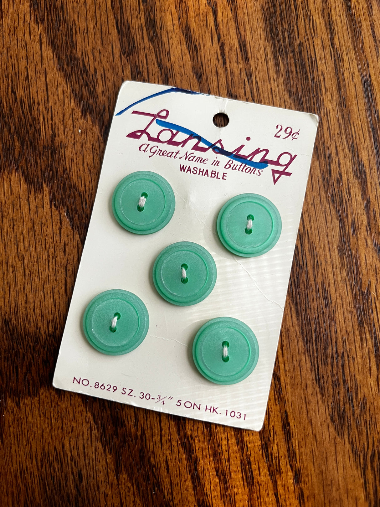 1960’s Lansing Blue Green Plastic Button - Set of 5 - 3/4” - on card