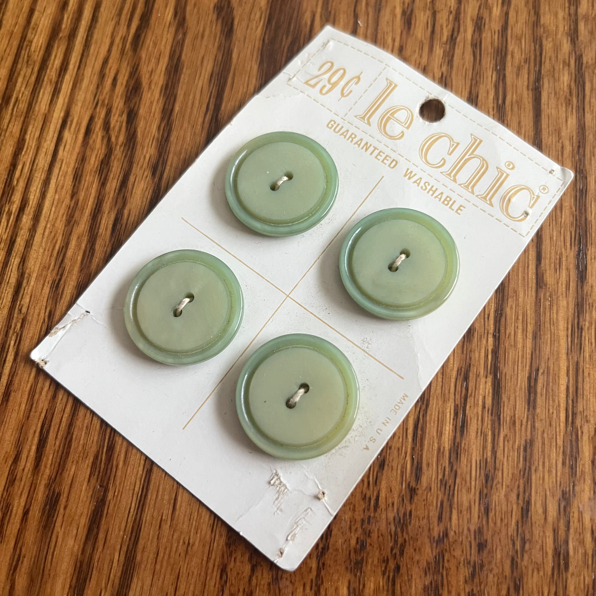 1970’s Le Chic Plastic Buttons - Milky Green - Set of 4 - 7/8" - on card