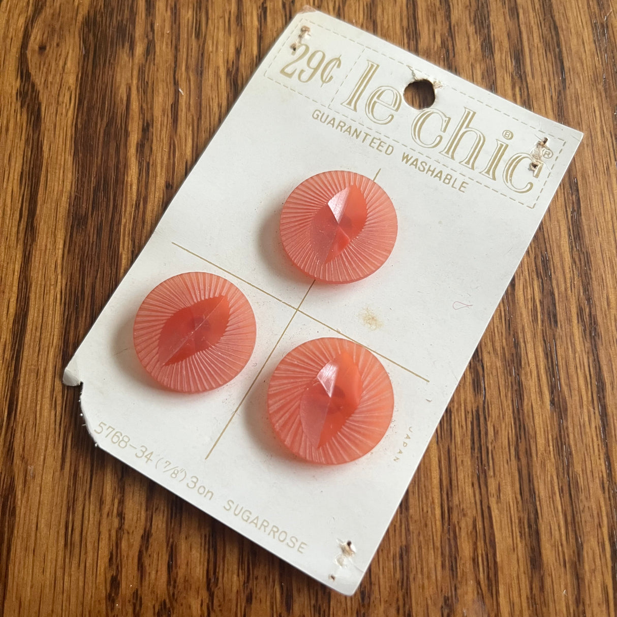 1970’s Le Chic Plastic Buttons - Peach - Set of 3 - 7/8" - on card