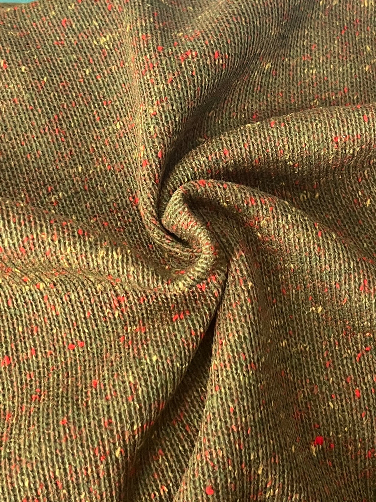 1970’s Olive Green with Red and Yellow Speckles Sweater Knit Bonded Fabric - BTY (J15)