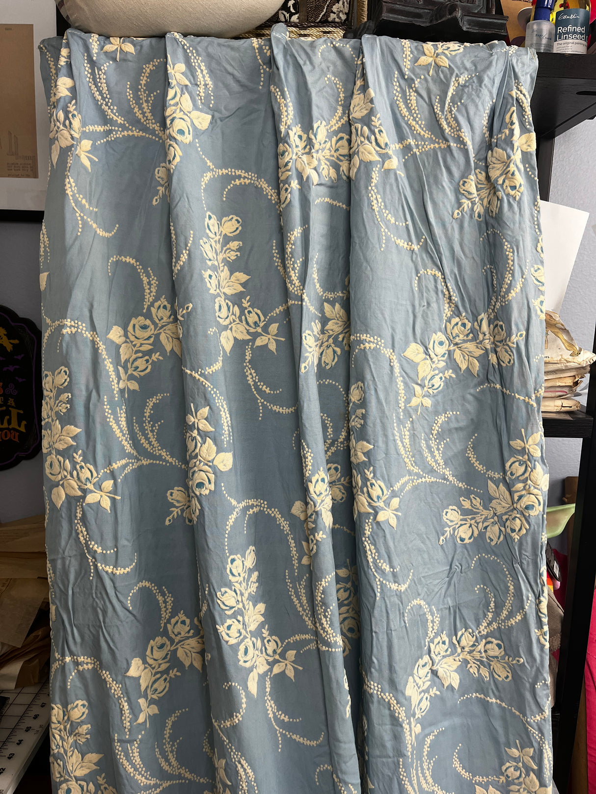 1960’s Blue Pinch Pleat Curtain Panel with Large Flocked Roses - (P208)