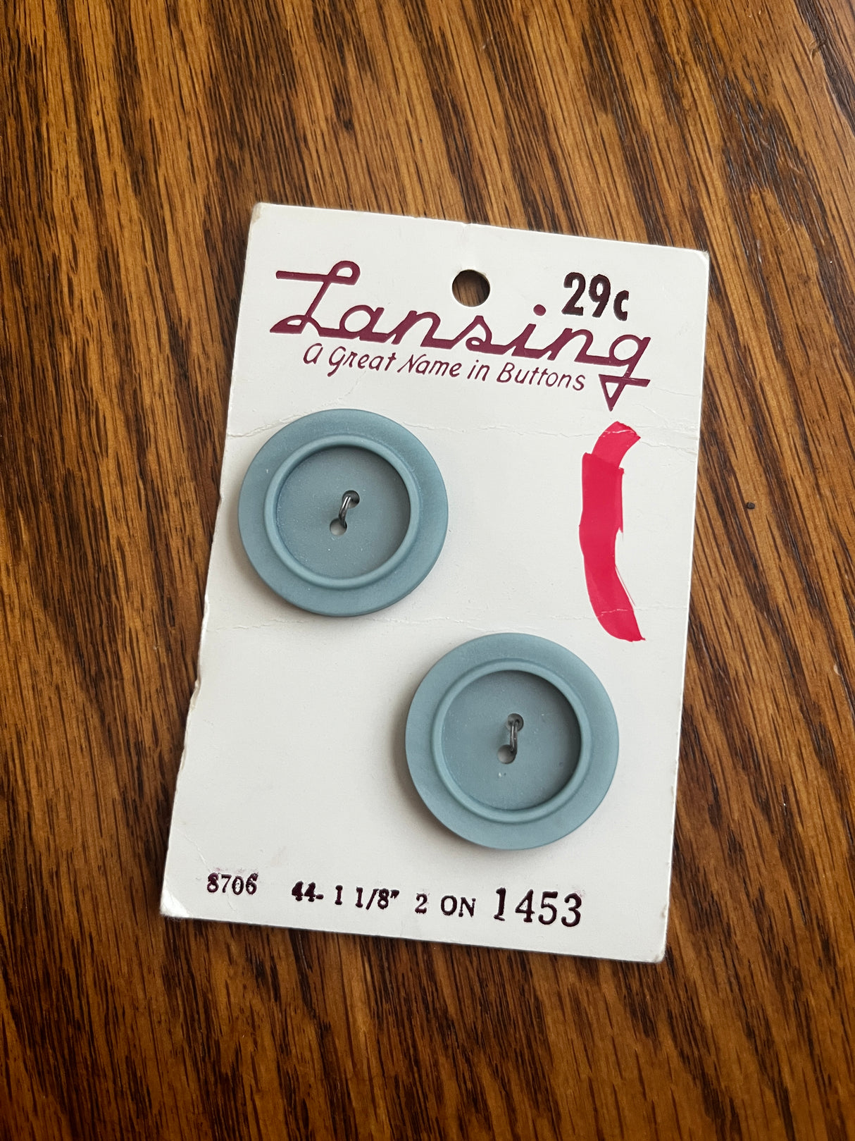 1970’s Lansing Light Blue Carved Plastic Buttons - Set of 2 - 1 1/8” - on card