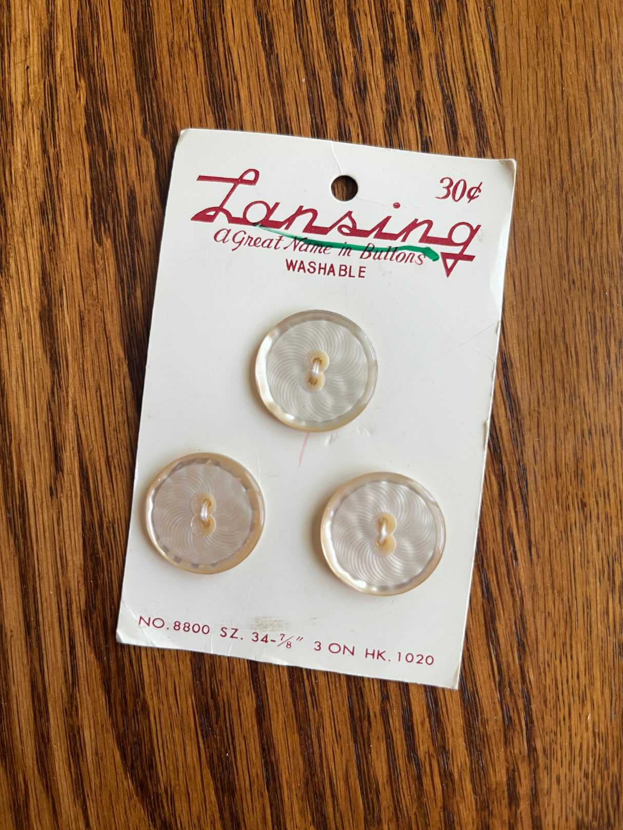 1970’s Lansing Off White Carved Plastic Buttons - Set of 3 - 7/8” - on card