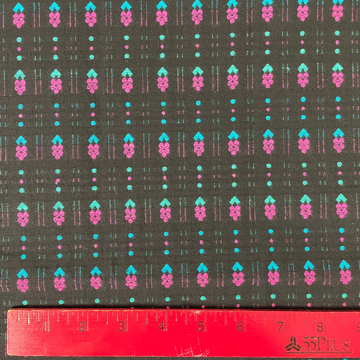 1970/80’s Black with Pink and Teal Blue Flowers Leno Weave Homespun style fabric