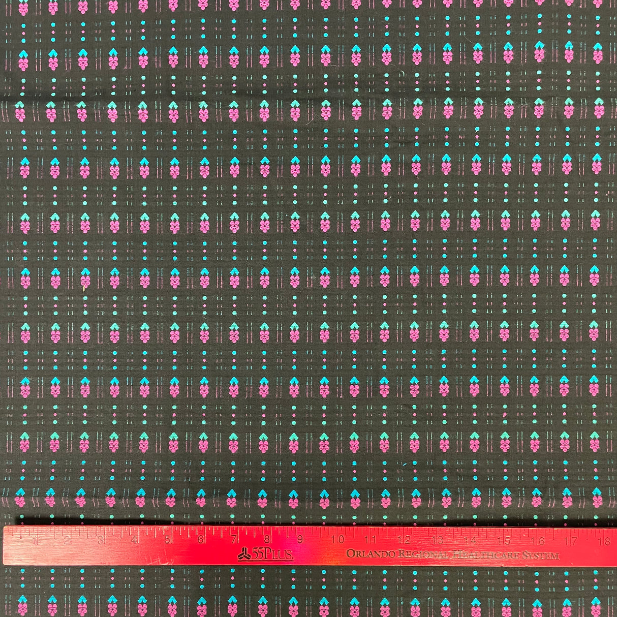 1970/80’s Black with Pink and Teal Blue Flowers Leno Weave Homespun style fabric