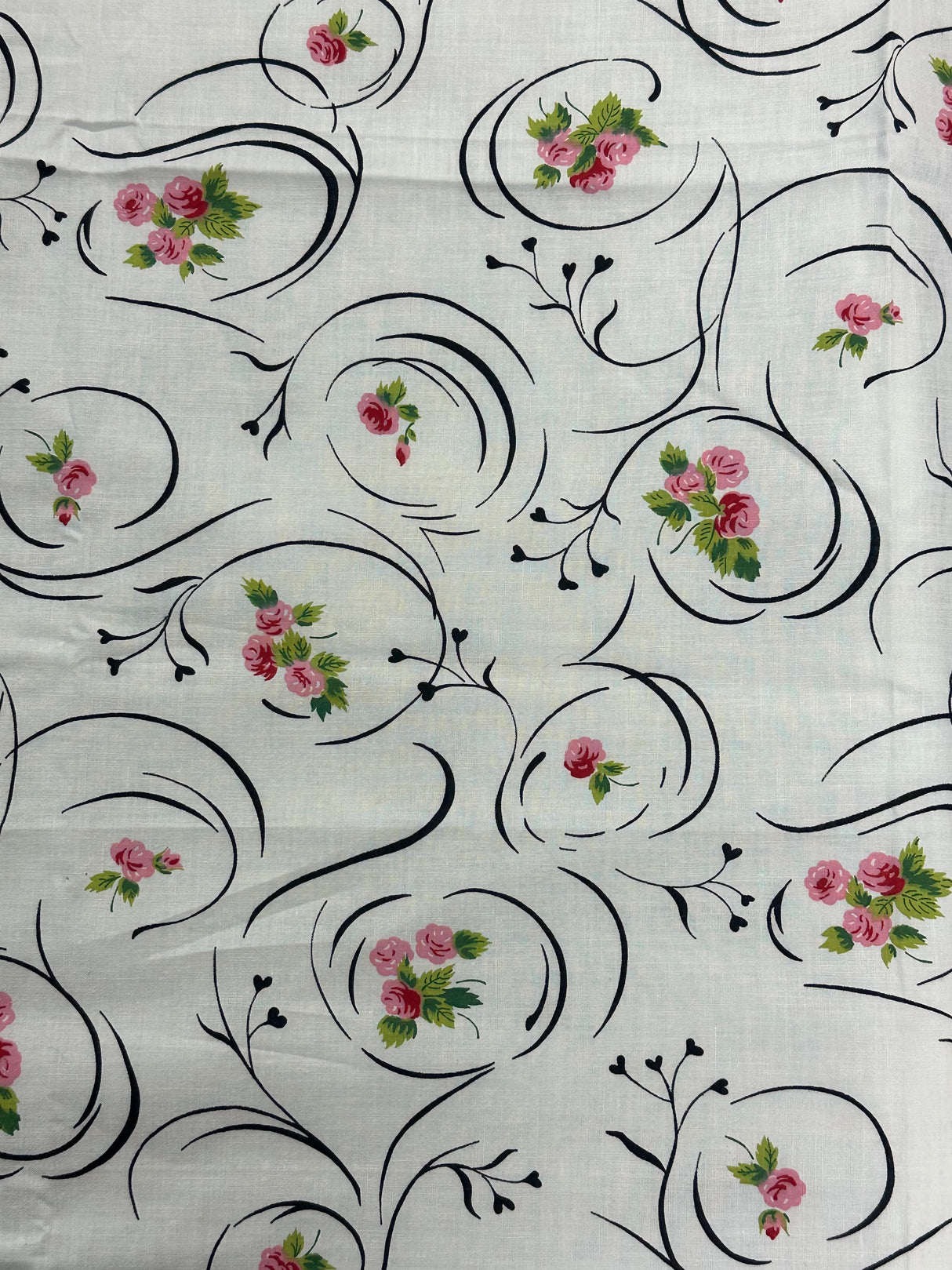 1950’s White with Black Swirls and Pink Floral Cotton Fabric - (P212)