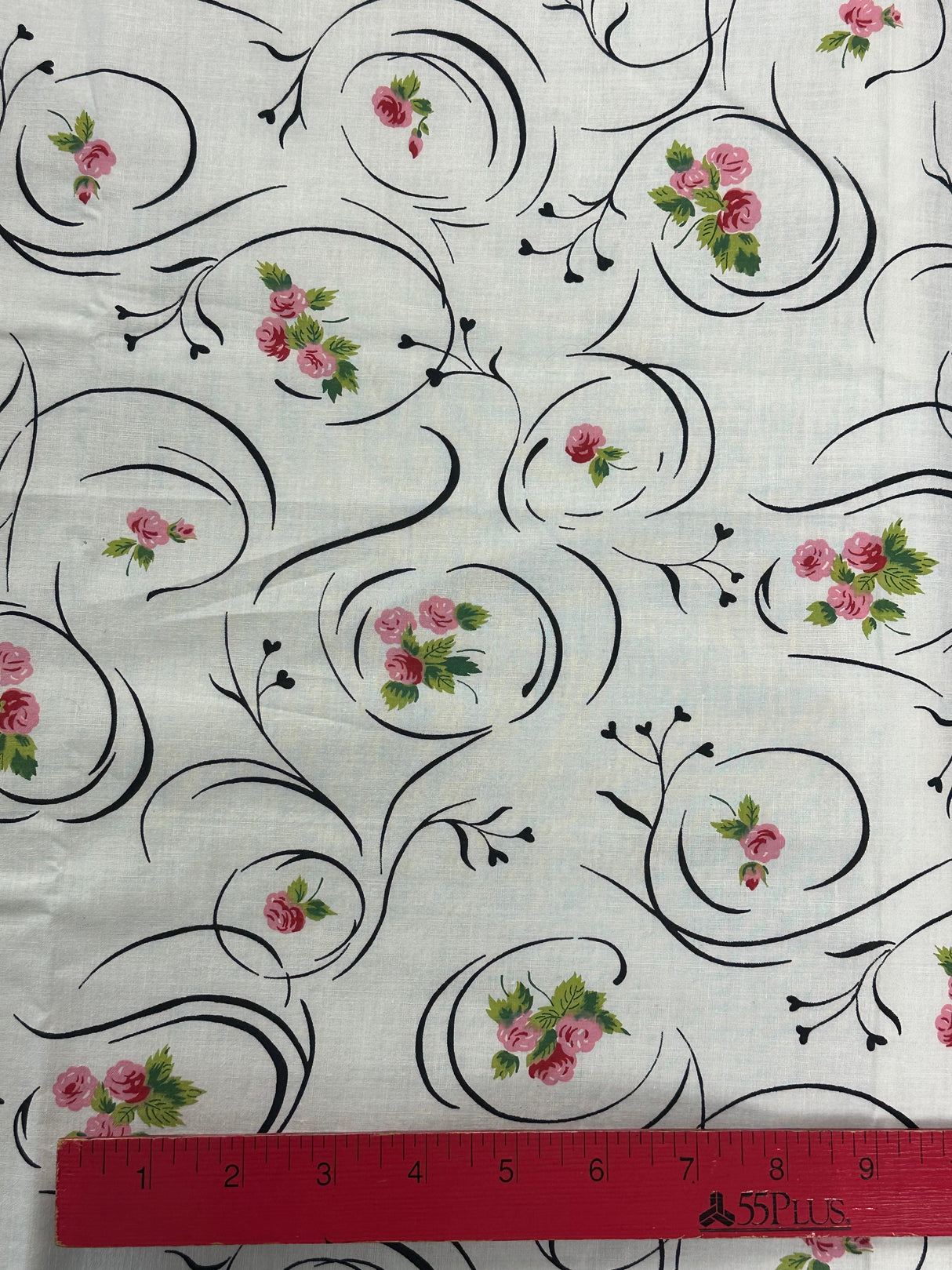 1950’s White with Black Swirls and Pink Floral Cotton Fabric - (P212)