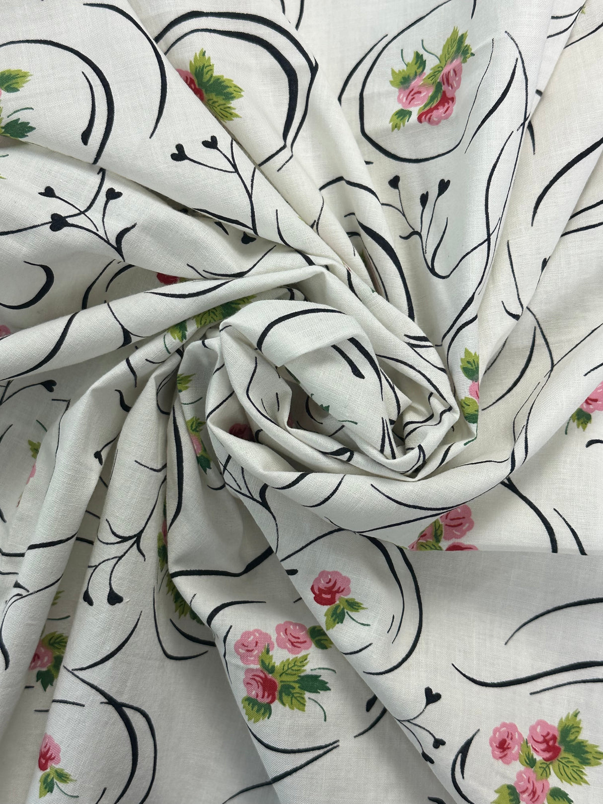 1950’s White with Black Swirls and Pink Floral Cotton Fabric - (P212)