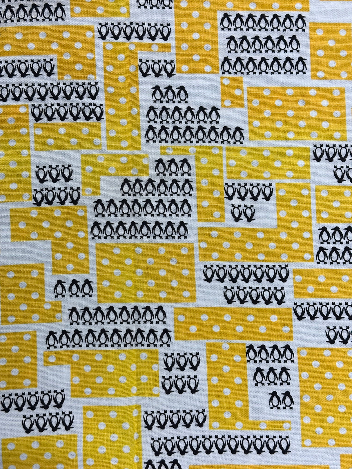 1960’s White and Yellow with dots with Black Penguins Novelty Print Cotton Fabric - (P213)