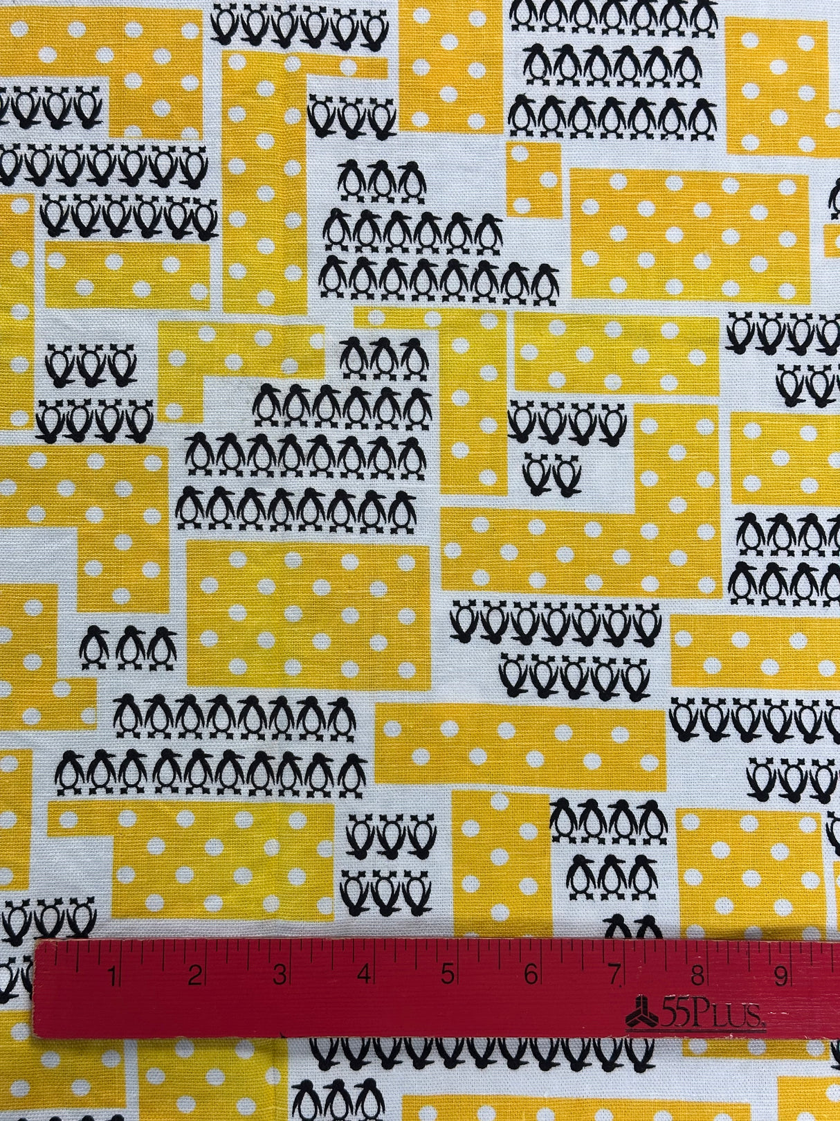 1960’s White and Yellow with dots with Black Penguins Novelty Print Cotton Fabric - (P213)