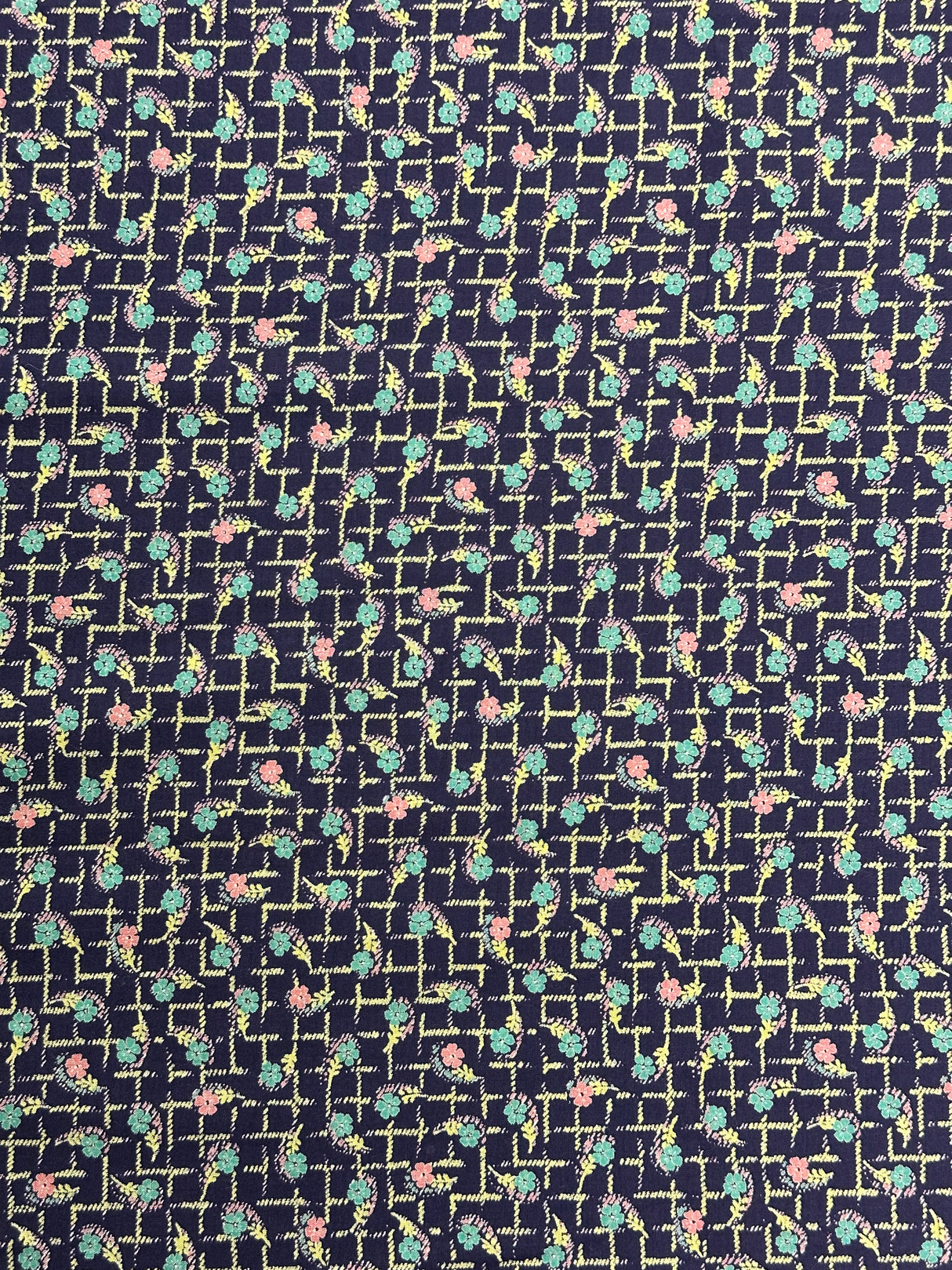 1950’s Purple with Pink and Teal Floral on Green Vine Plaid Cotton Fabric - (P214)