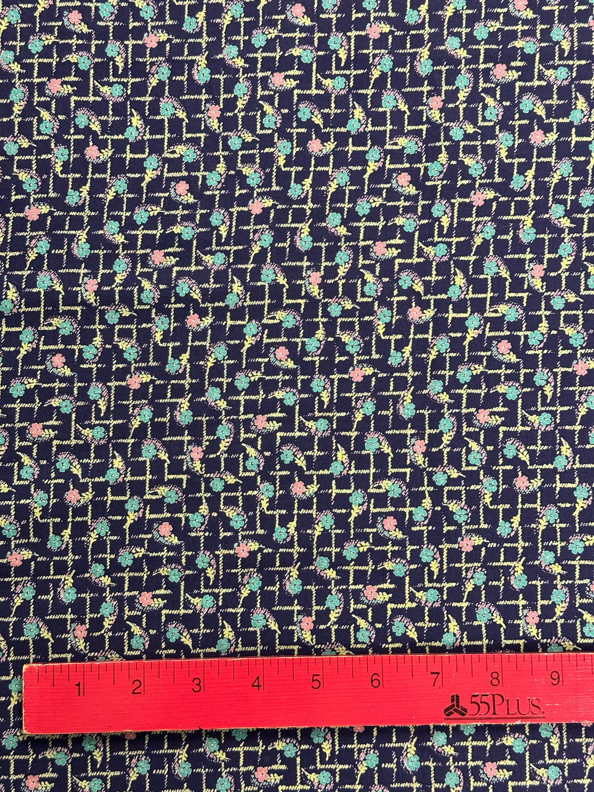 1950’s Purple with Pink and Teal Floral on Green Vine Plaid Cotton Fabric - (P214)