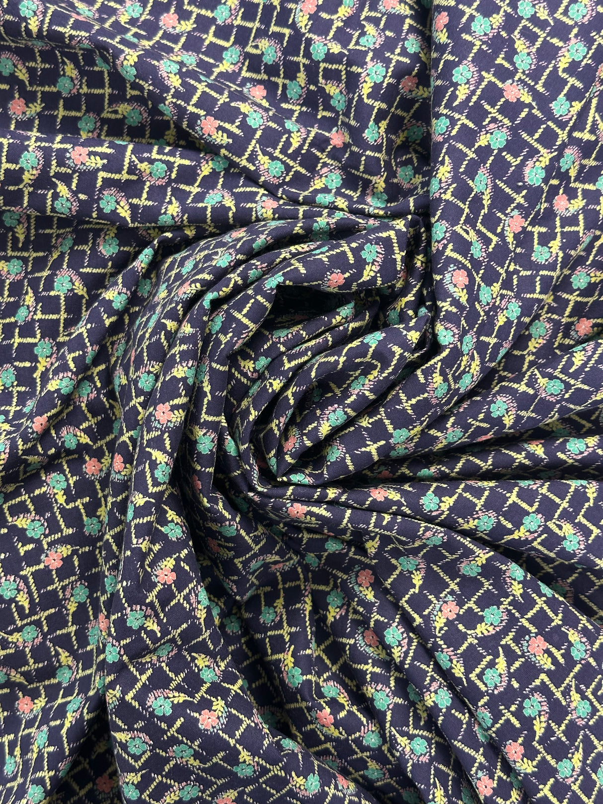 1950’s Purple with Pink and Teal Floral on Green Vine Plaid Cotton Fabric - (P214)