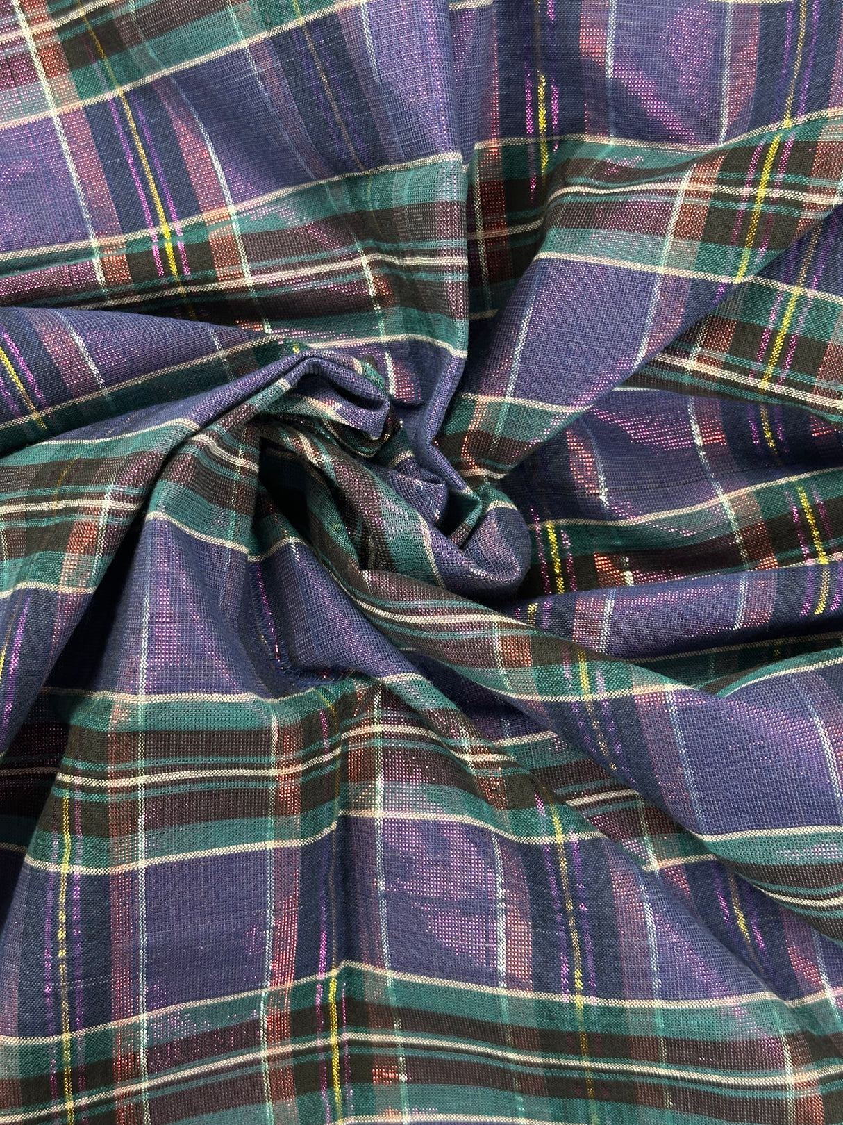 1980's Shiny Purple Plaid with Metallic Thread Synthetic Blend Fabric - (P218)