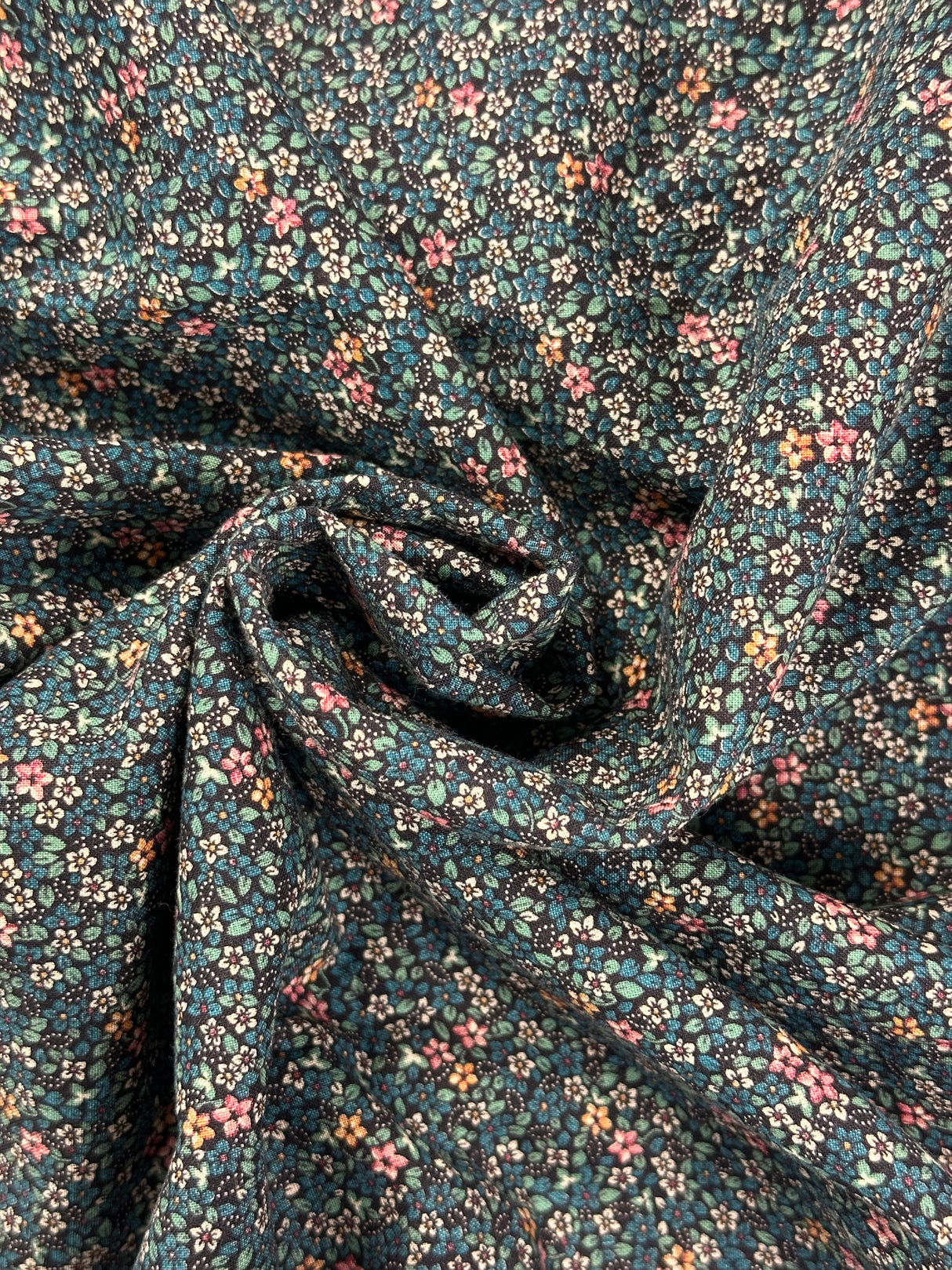 1970’s Small Blue Calico Floral Cotton Blend Fabric - (P219)