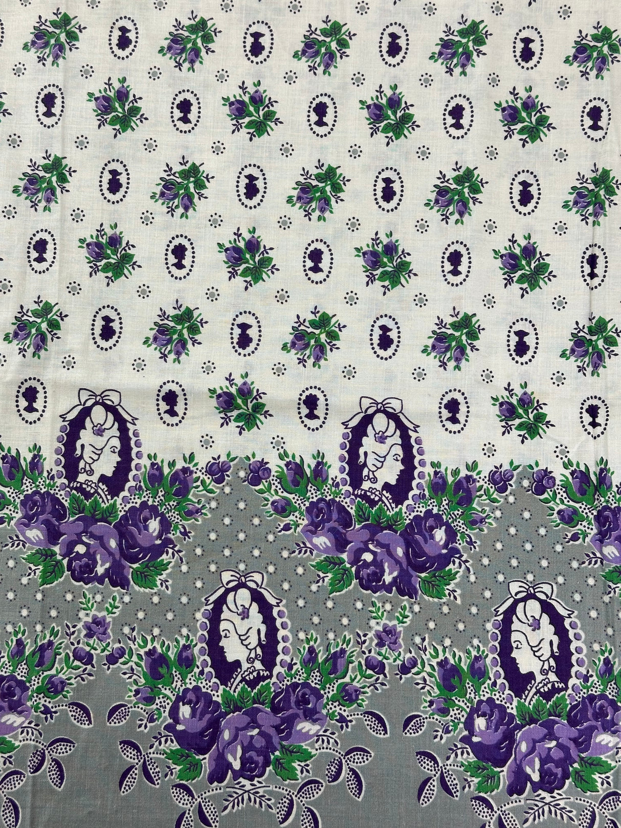 1950’s White with Purple/Green Cameo Border Print Cotton Fabric - (P220)