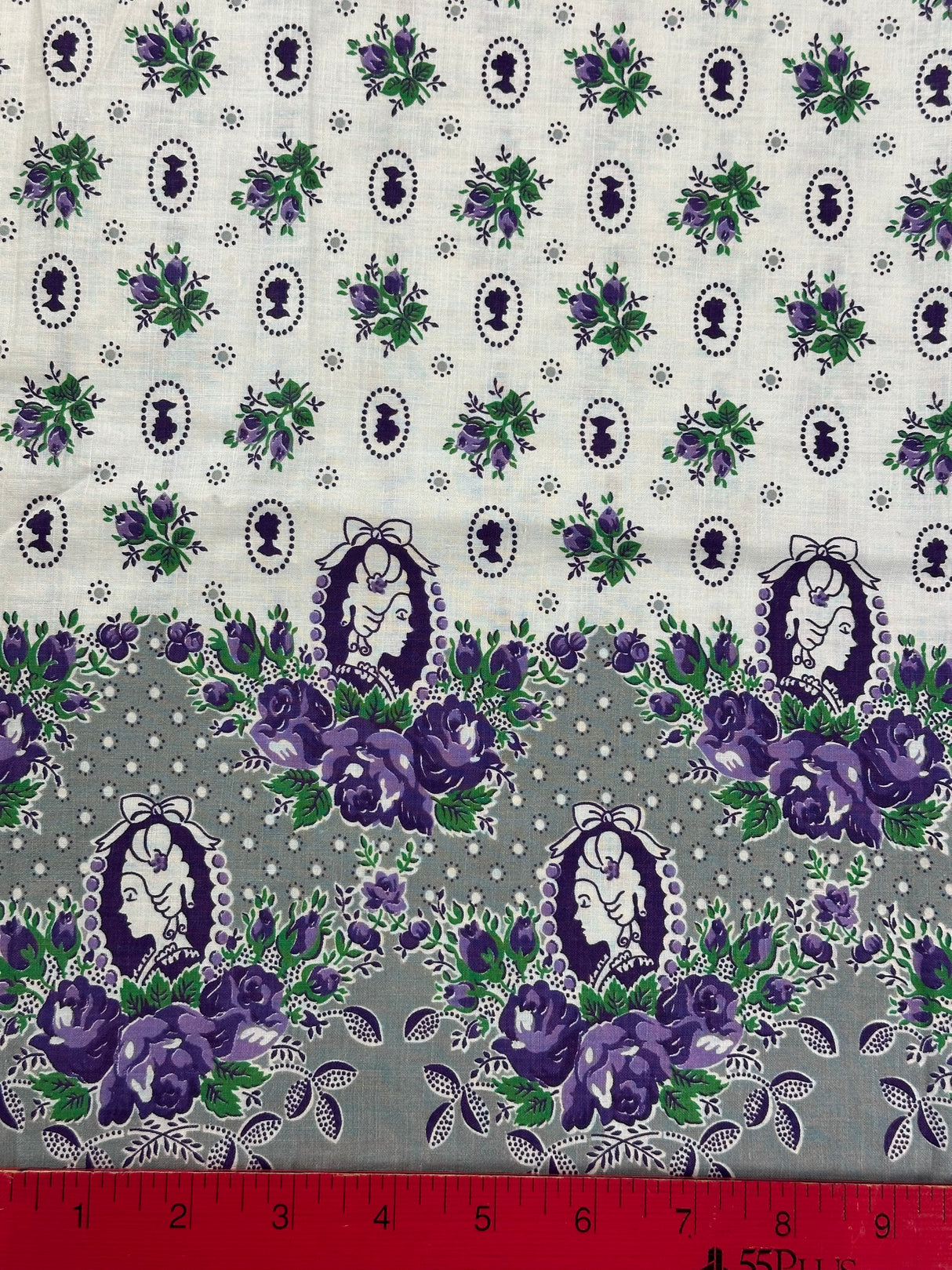 1950’s White with Purple/Green Cameo Border Print Cotton Fabric - (P220)
