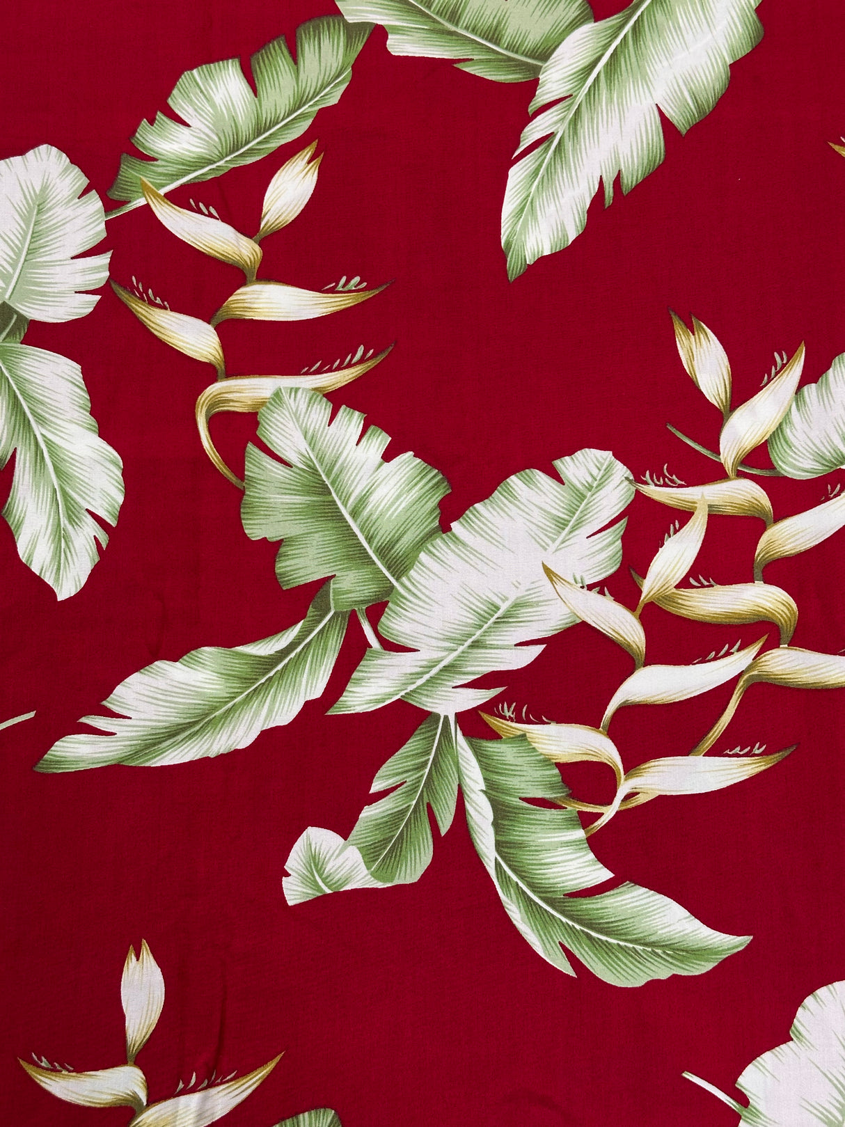 Modern Red with Green Palm Leaf Print Rayon Blend Fabric - (P221)