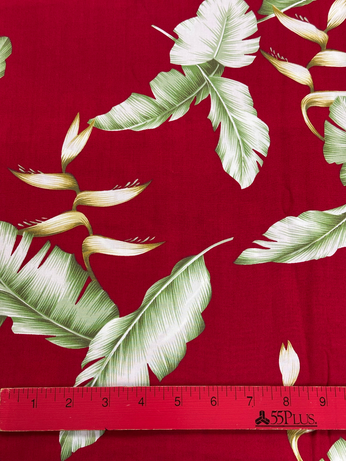 Modern Red with Green Palm Leaf Print Rayon Blend Fabric - (P221)