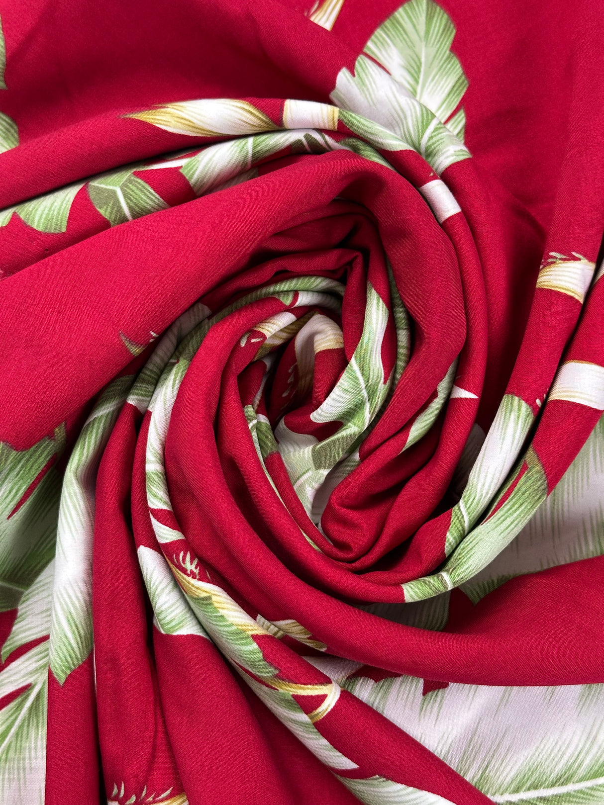 Modern Red with Green Palm Leaf Print Rayon Blend Fabric - (P221)